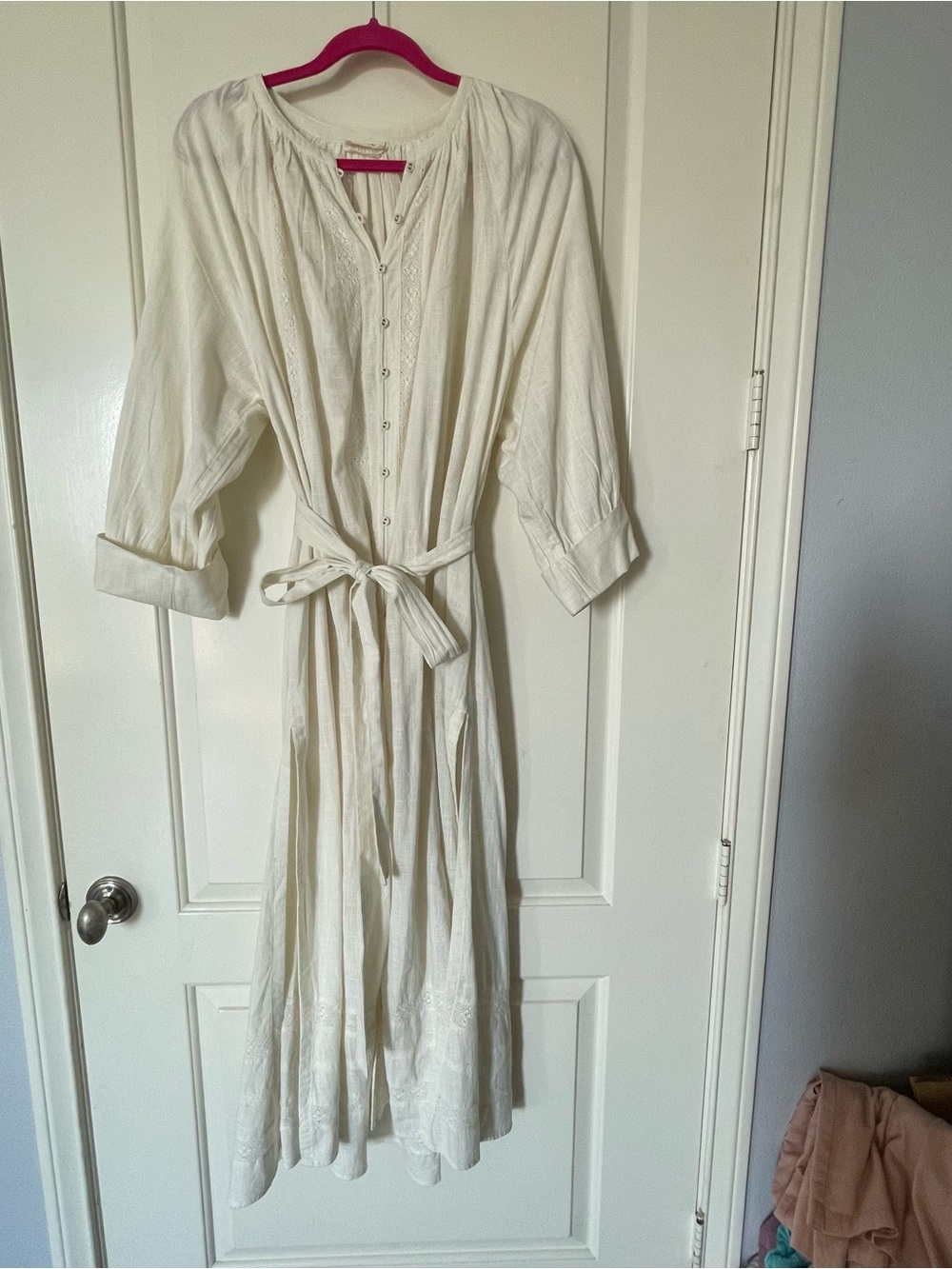 Spell Cream Button-Front Tie-Waist Cotton Robe Dress